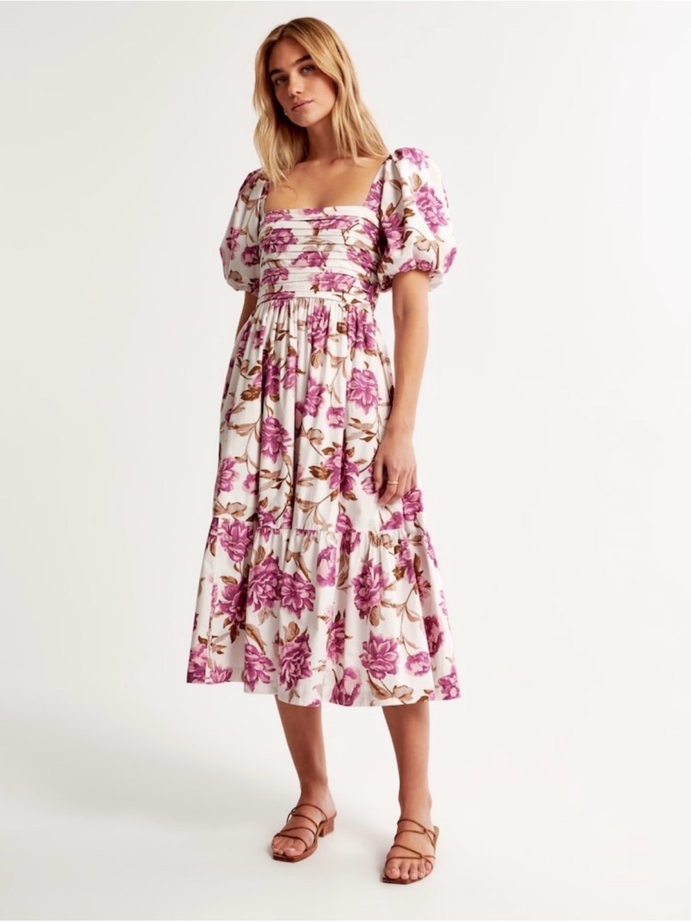 Abercrombie & Fitch Pink Floral Puff-Sleeve Midi Dress